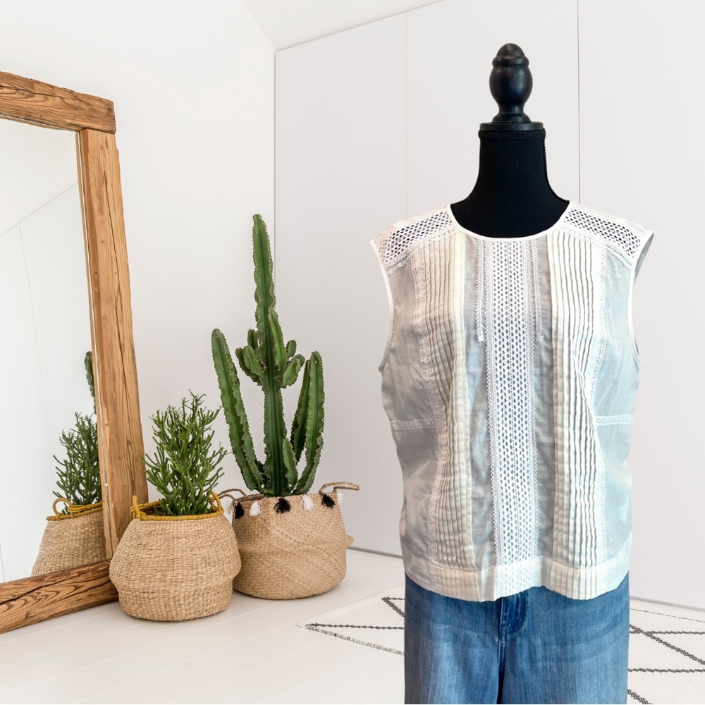 J.Crew Sleeveless Crochet Trim Pleated Front Top